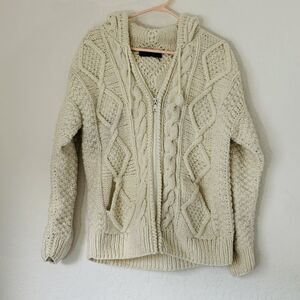 Vintage Hooded Cardigan Sweater 100% Wool Cream Chunky Cable Knit Zip Fisherman